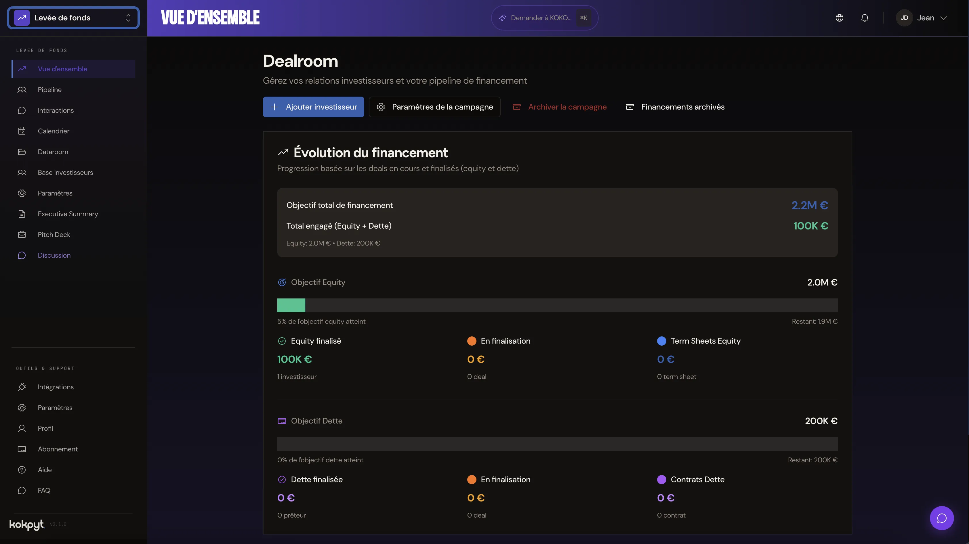 Dealroom & pipeline investisseurs Kokpyt