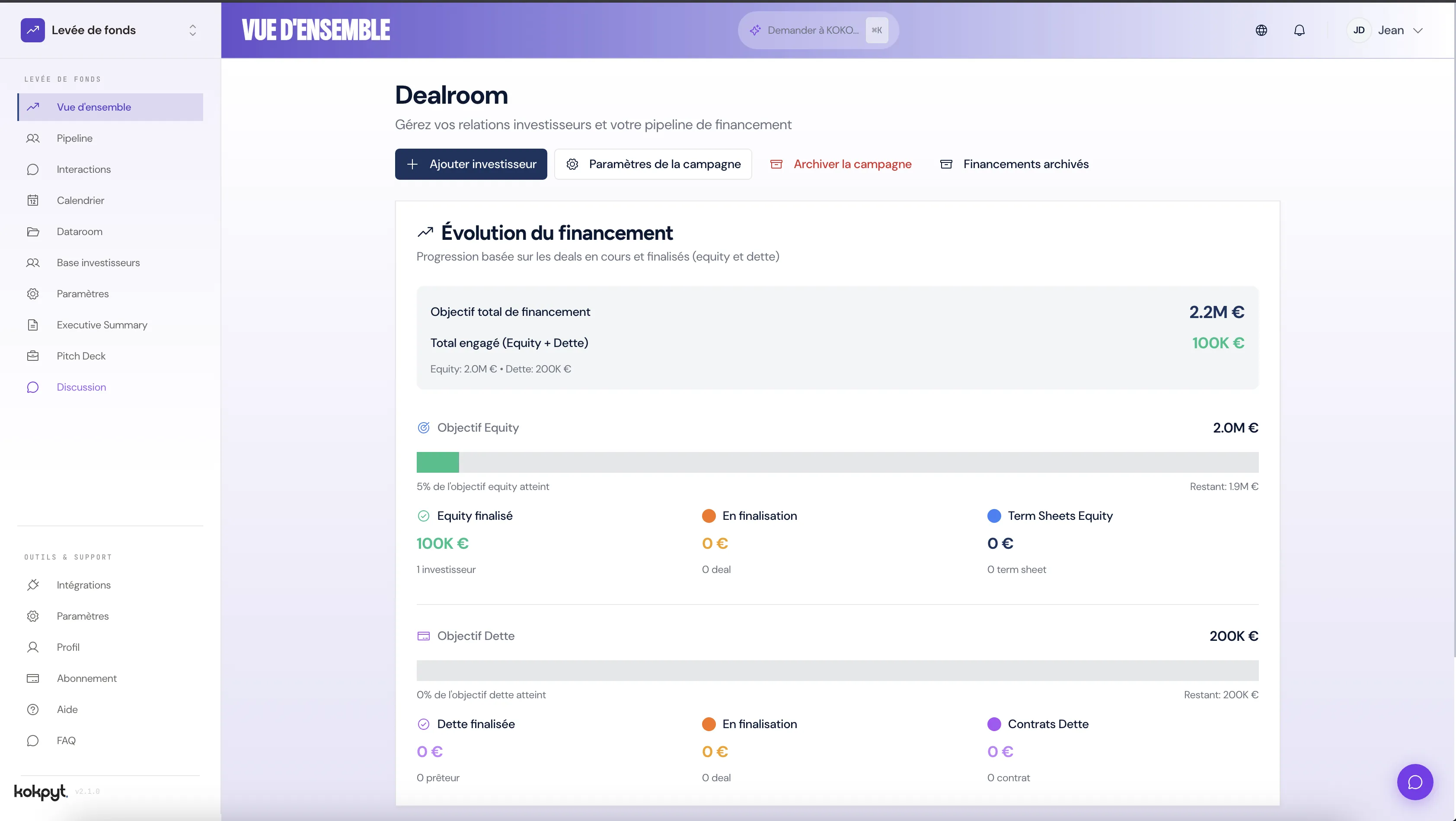 Dealroom & pipeline investisseurs Kokpyt